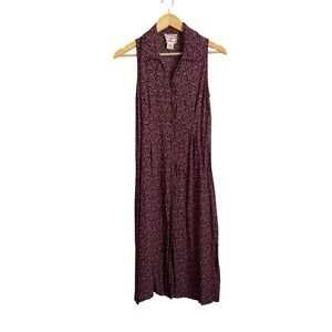 VTG April Cornell XS Burgundy Sheer Floral Button Front Midi Dress Boho Cottage